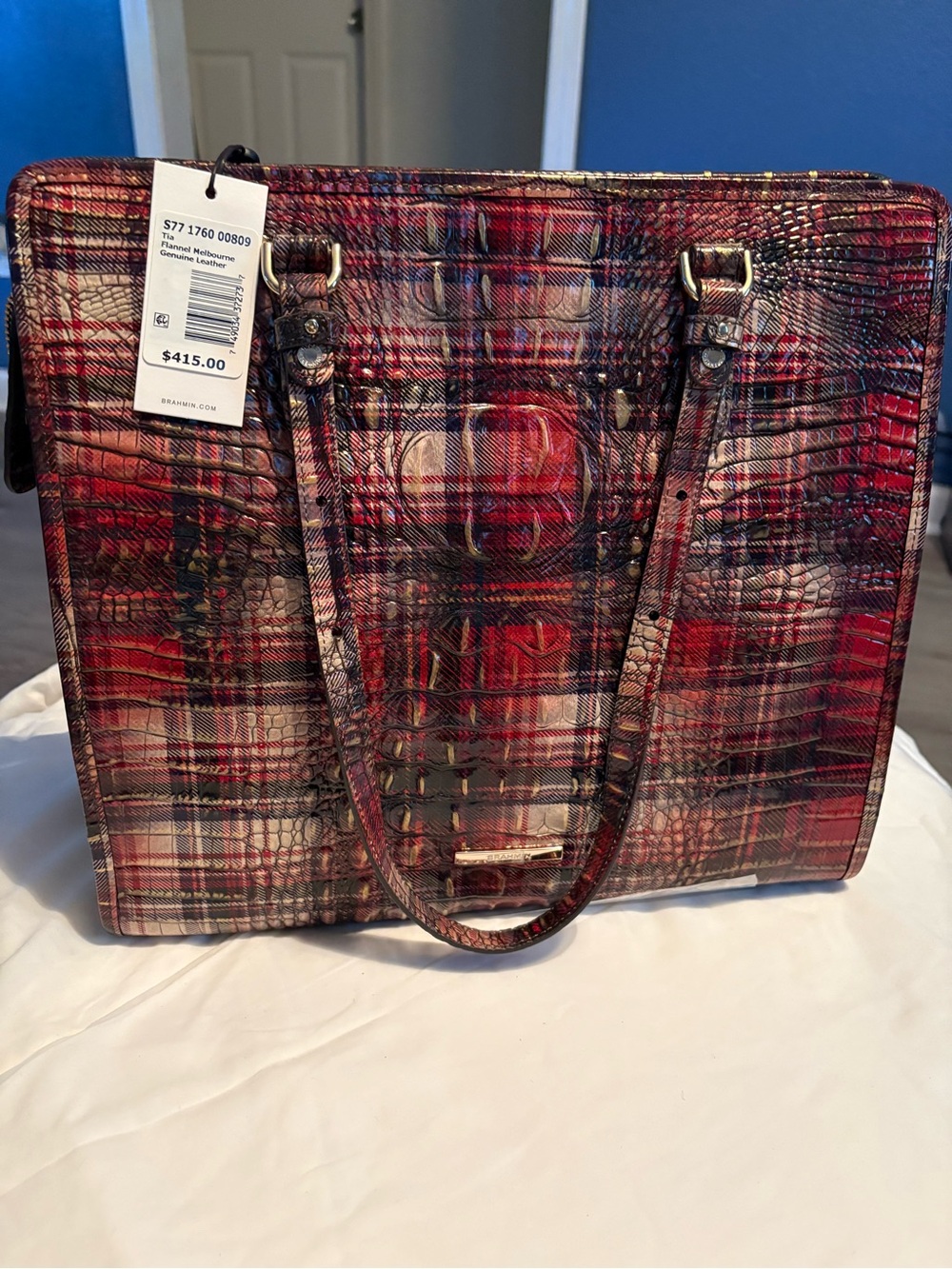 Brahmin Red Plaid Leather Tote Bag Tia Flannel Melbourne
